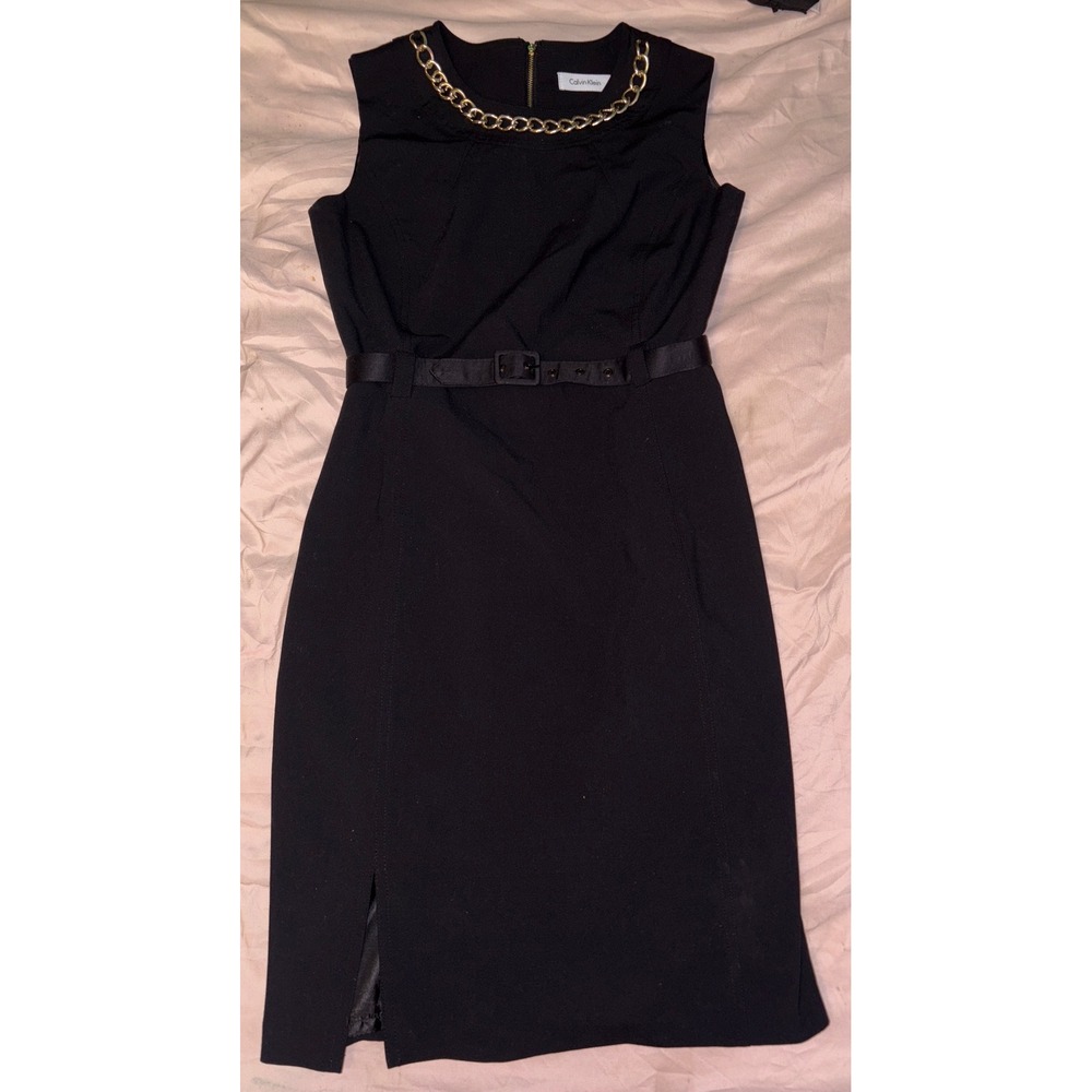 Calvin Klein Black Sleeveless Belted Sheath Midi Dress w/ Gold Chain Neckline, 8